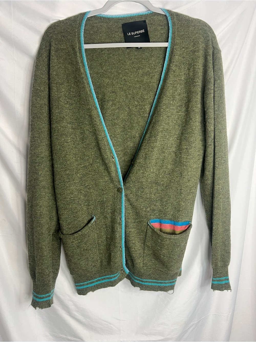 Le Superbe Cashmere Olive Green Cardigan with Turquoise Trim